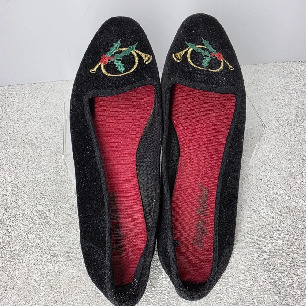 Vintage Christmas Holiday Flats Black Velvet Shoes Jingle Bells Holly SIZE 9